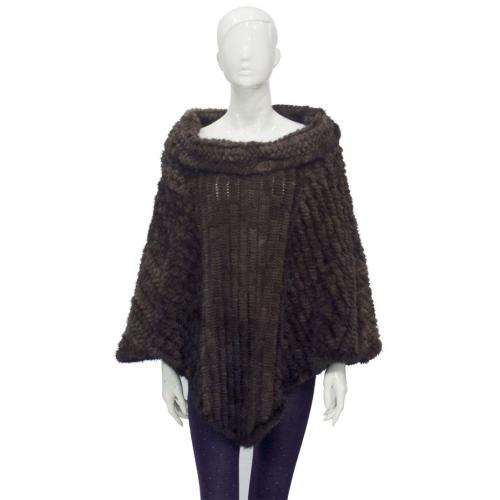 Winter Fur Chocolate Brown Knitted Mink Poncho With Shawl Collar